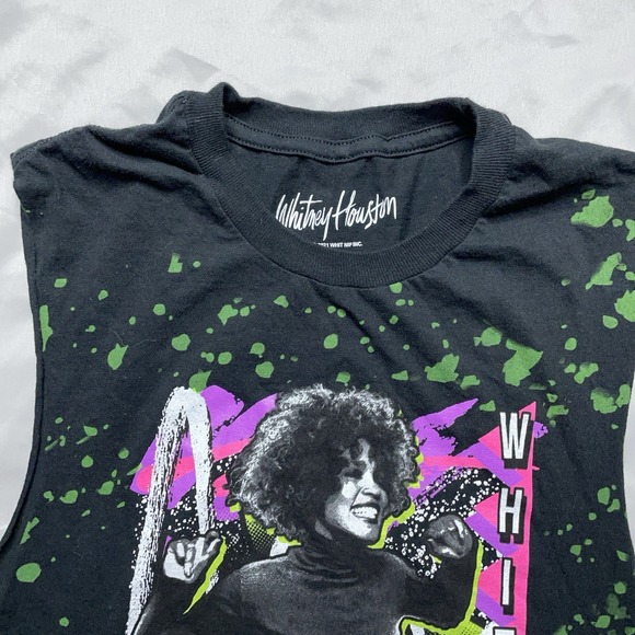 Whitney Houston Muscle Tank M Black Sleeveless Shirt 80s Style Neon Graphic Tee - Picture 3 of 8